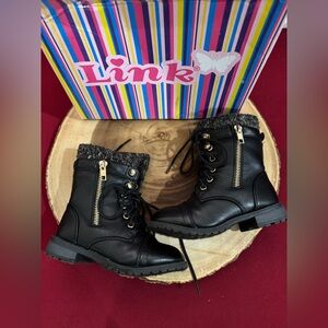 Link Black Combat Boots with Gold Zippers and Gray Knit Cuff